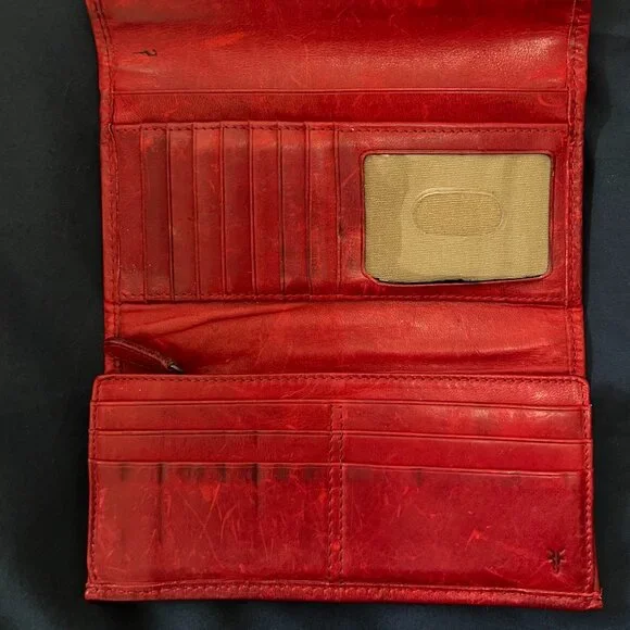 Frye Red Leather Tri-Fold Wallet Snap Closure - Picture 4 of 7